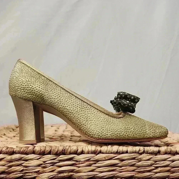 Nina Camino Gold Doral Mesh Glitter Dot Heels with Removable Polka Dot Bow - Picture 1 of 13
